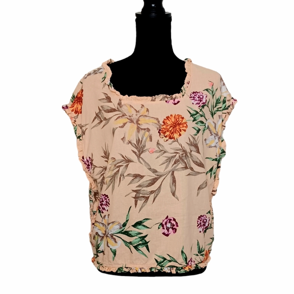 For Cynthia Linen Blend Multicolor Floral Ruffle Short Sleeve Blouse Top Medium